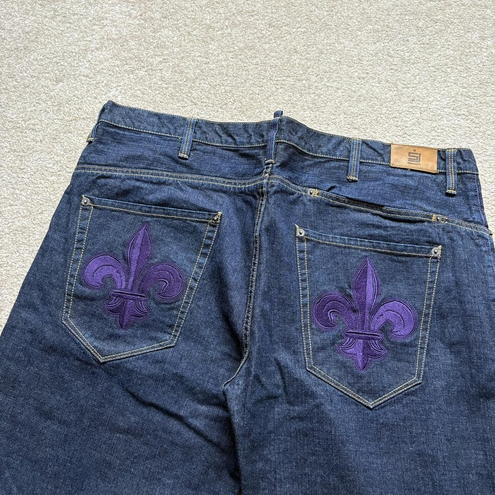 Sean John Jeans 42 Blue Denim Straight Leg Purple Embroidered Grunge Y2K Baggy